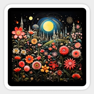 Surrealistic Folk Art Dark Floral Motif Blooming Flowers Garden Sticker